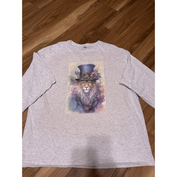 Steampunk Lion Graphic Tee 2XL Gray Fantasy Art Top Hat Roses - Picture 7 of 16